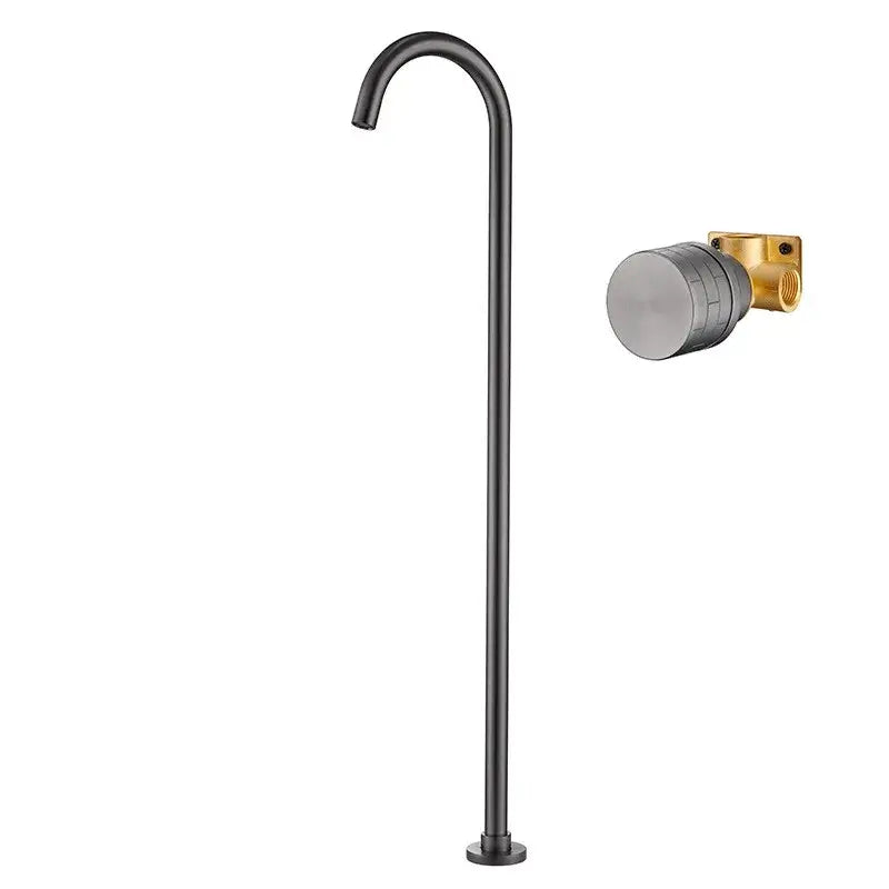Black matte finished showerhead with curved spout and valve in minimalist brushed gold and black bathtub shower faucet