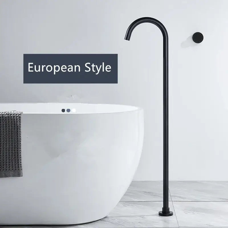 Minimalist black matte freestanding bathtub shower faucet with curved spout and brushed gold accents for bathroom use