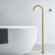 Minimalist brushed gold freestanding bathtub shower faucet with sleek curved spout and black accents for modern bathrooms