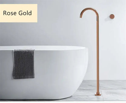 Minimalist rose gold freestanding bathtub shower faucet with sleek curved spout and brushed gold and black finish