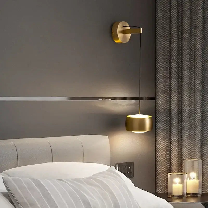 Minimalist brushed gold and matte black wall lamp with gold-toned sconce and cylindrical pendant light for bedroom decorbites copper adjustable use