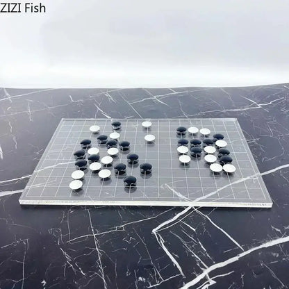 Minimalist clear acrylic geometric chess set with black and white stones perfect for modern living room decorbites chess set