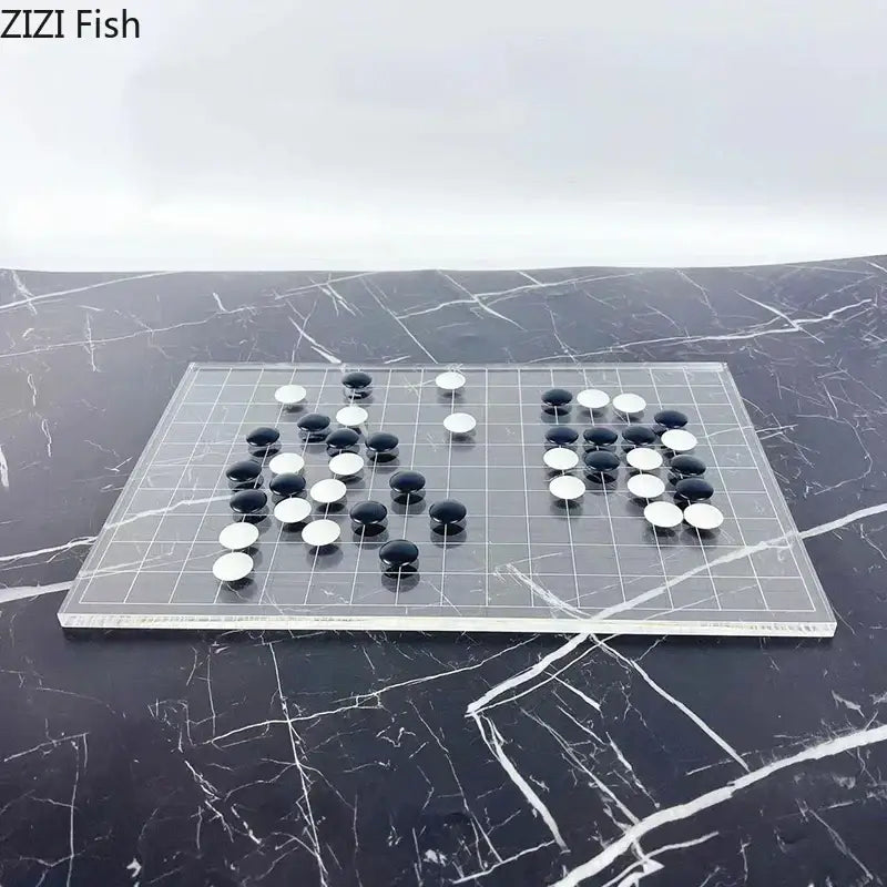 Minimalist clear acrylic geometric chess set with black and white stones for decorbites geometric chess decor