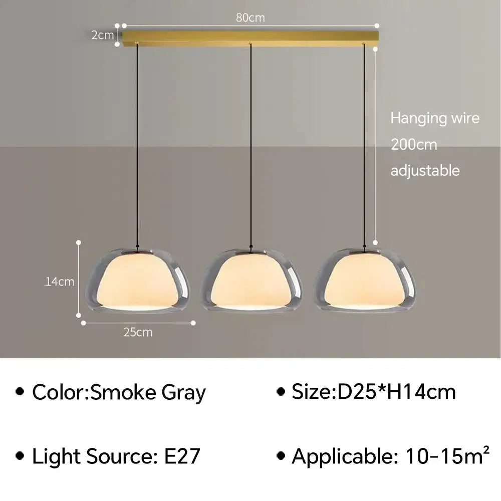Smoke gray three-light jelly pendant lamp with clear glass and adjustable wire for modern living room lighting