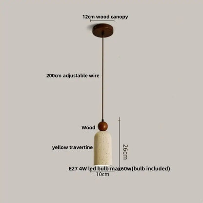 Minimalist led wood pendant light with yellow travertine shade wood bead and adjustable wire for dining room decorbites led wood