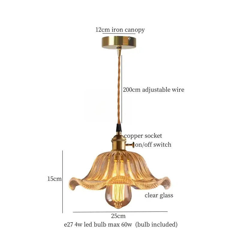 Minimalist brass-finished flower-shaped pendant light with clear glass led hanging shade and exposed led bulb