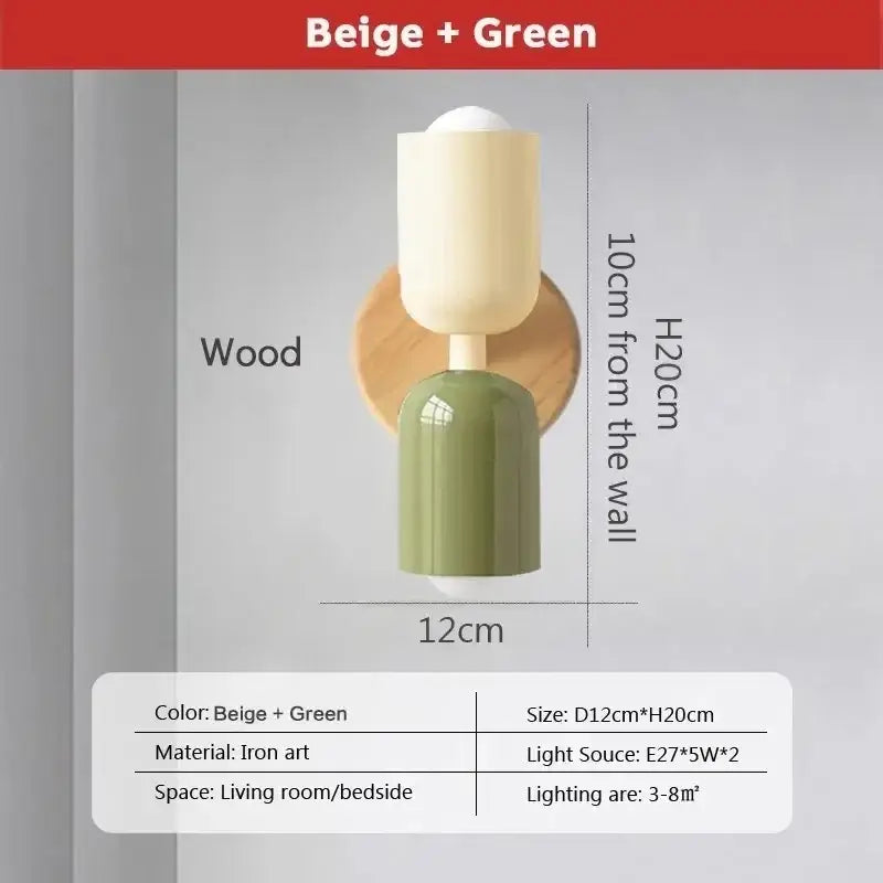 Beige and green minimalist cream double head wall lamps with wooden circular backplate and iron art finish for bedroom decorbites cream double