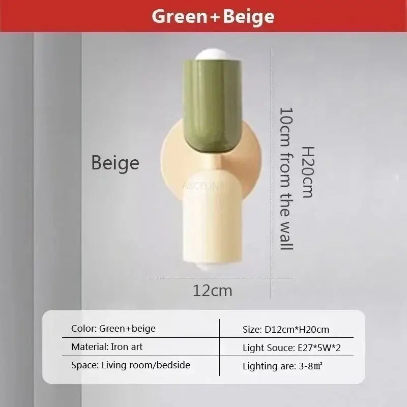 Green and beige iron art wall lamps with cylindrical design for decorbites cream double head bedroom lighting