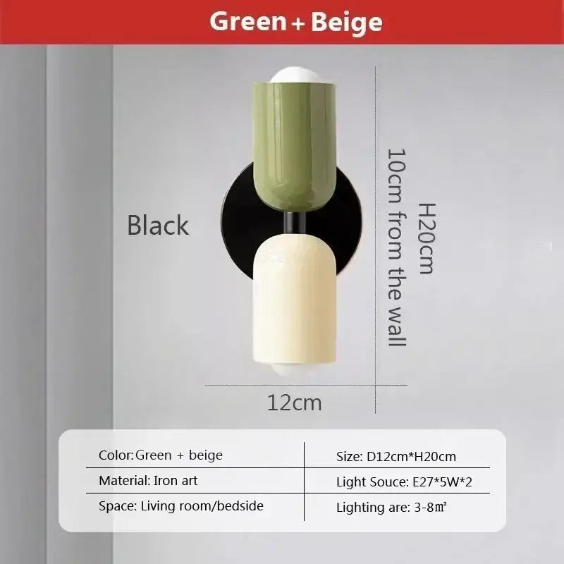 Minimalist cream double head wall lamps with green and beige tiers and black iron base for bedroom decorbites cream double