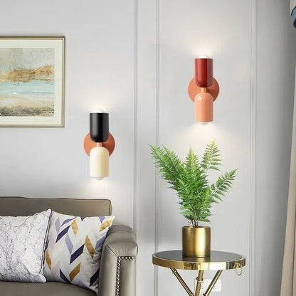 Minimalist cream double head wall lamps with matte black terracotta and cream cylindrical shades for bedroom decorbites cream double
