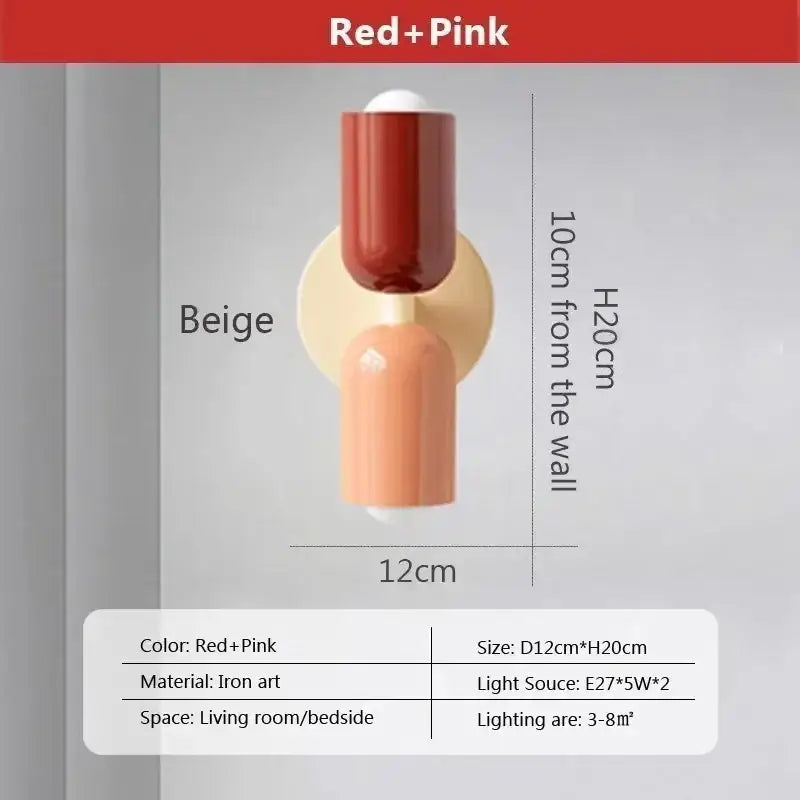 Red and pink iron art wall lamps with cream double head and beige circular base for minimalist bedroom decorbites cream double