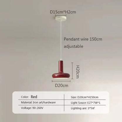 Red ceramic pendant light with iron art hardware and adjustable wire for dining room decorbites disc shaped design