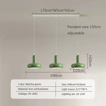 Set of three matte matcha green iron pendant lights with adjustable wires complement cream white decorbites disc shaped pendant light