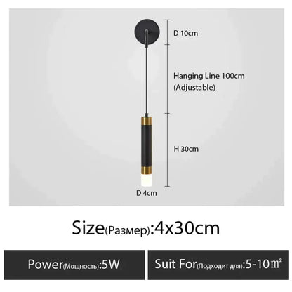 Minimalist creative luxury black and gold cylindrical pendant bedside wall lamp with white led bulb for bedroom use