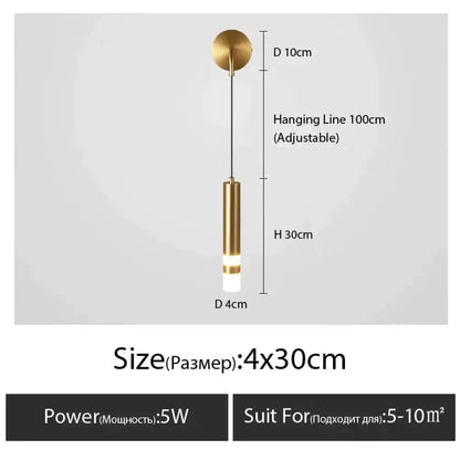 Gold-toned cylindrical pendant light with adjustable hanging line for minimalist creative luxury bedroom bedside use