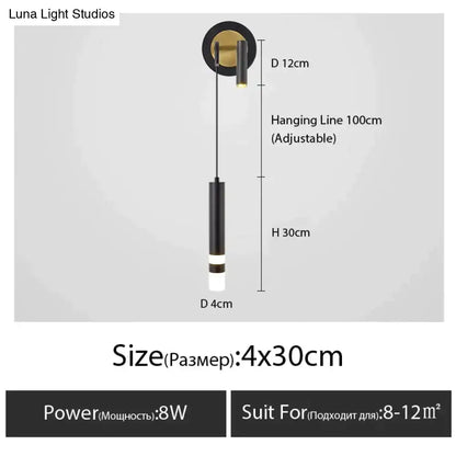 Black cylindrical pendant light with gold-toned mount and 100cm adjustable line for minimalist creative luxury bedroom