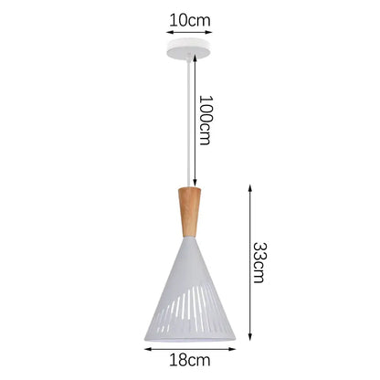 Minimalist crisp white pendant light with wood accent and metal slatted shade for kitchen island lighting