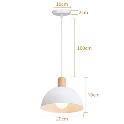 Minimalist crisp white pendant light with wood accent and slender white cord for kitchen island lighting