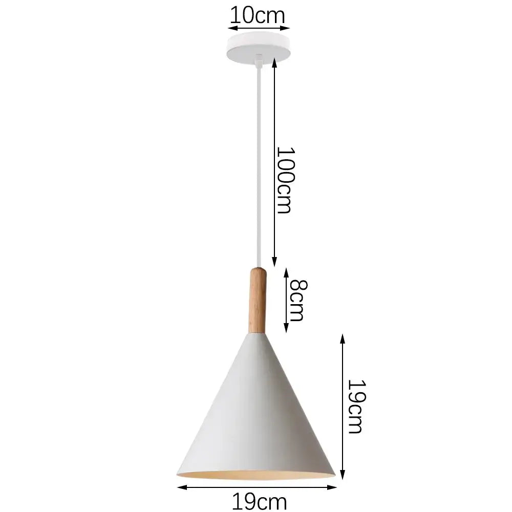 White conical pendant light with wood accent and crisp white finish designed for minimalist kitchen island lighting