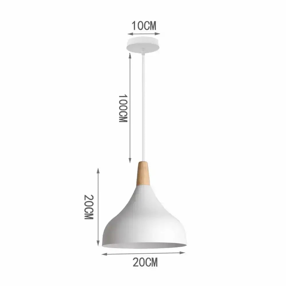 Minimalist crisp white pendant light with wood accent and conical shade with height and diameter measurements for kitchen island