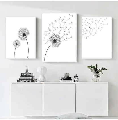 Three framed black-and-white minimalist dandelion canvas wall art pieces from decorbites canvas wall set