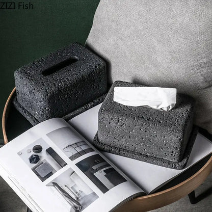 Minimalist dark gray textured concrete tissue box rack with rectangular slot and matching base for kitchen decor