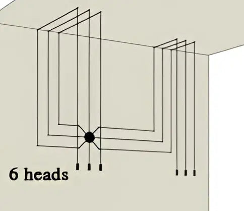 Six-headed ceiling fan with black central hub and slender straight blades in decorbites industrial retro wall lamp style