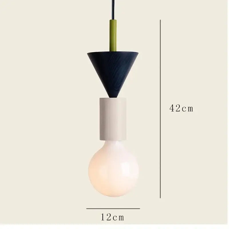 Minimalist earth tone pendant light with matte black conical top cream ceramic middle and olive green wood rod decorbites colorful nordic