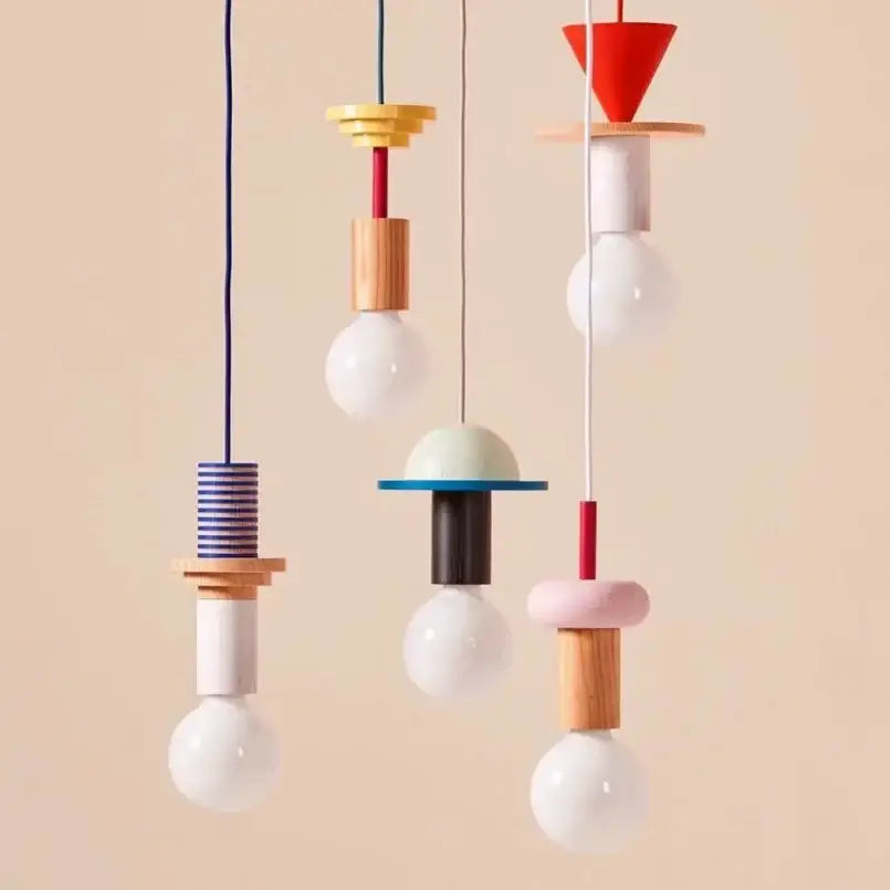 Colorful nordic wood pendant light with geometric shapes in earth tones featuring wooden and ceramic accents for dining room decorbites colorful nordic