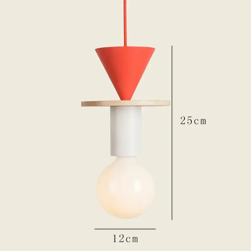 A modern minimalist pendant light with a vibrant red conical top, white ceramic middle, and natural wood disc for dining room decorbites colorful nordic wood design
