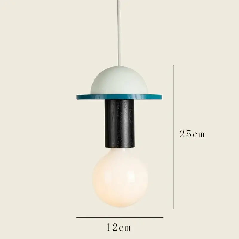Minimalist earth tone wood and ceramic pendant light with matte white dome teal band and black wood decorbites colorful nordic