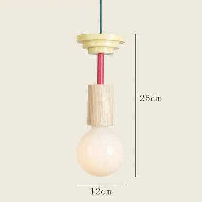 Minimalist earth tone pendant light with pale yellow plastic top, natural wood middle, frosted glass bulb, teal cord decorbites colorful nordic wood