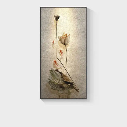 Minimalist earthy lotus led wall lamp featuring textured beige canvas with lotus flowers and orange fish for bedroom decor