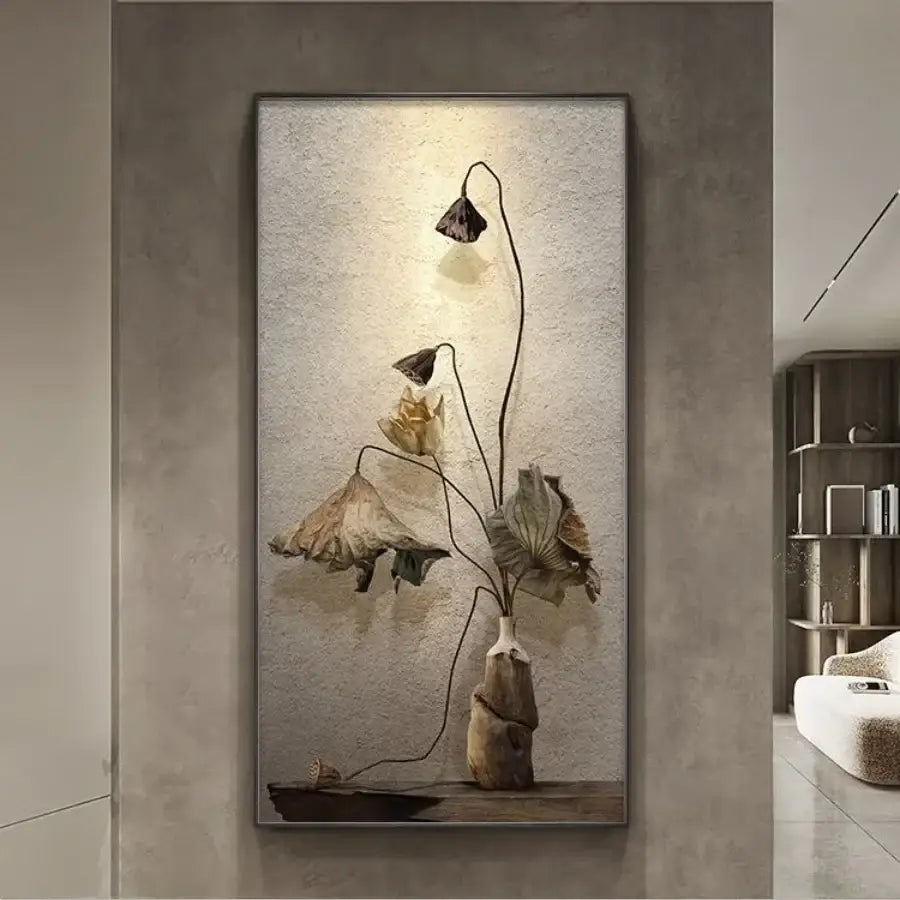 Minimalist earthy lotus led wall lamp with framed canvas print of dried lotus flowers in rustic ceramic vase for bedroom decor