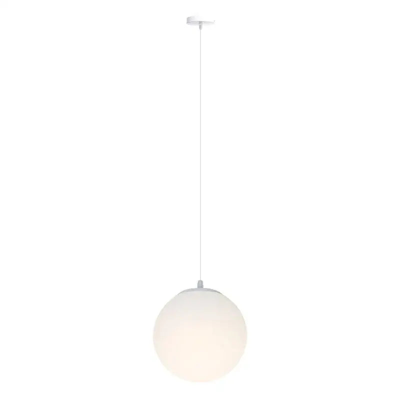 Minimalist pendant light with frosted white acrylic globe and brushed nickel fixture for dining room lighting