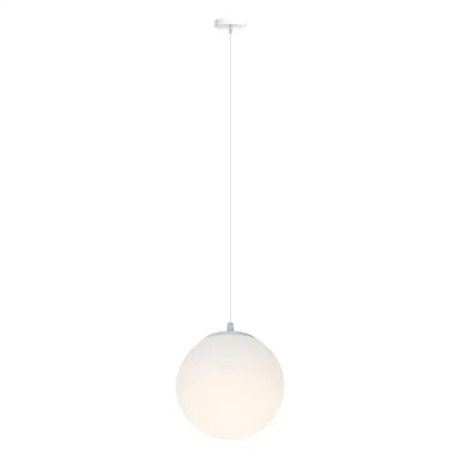 Minimalist pendant light with frosted white acrylic globe and brushed nickel fixture for dining room lighting
