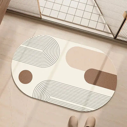 Minimalist oval-shaped geometric diatom ooze bathroom rug in cream beige tones for decorbites geometric diatom decor