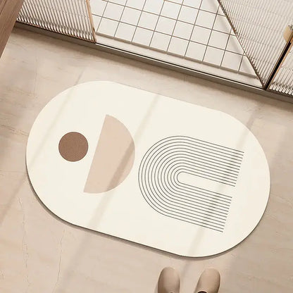 Minimalist geometric diatom ooze bathroom rug in cream and beige with abstract black and beige line designs