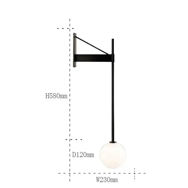 Black metal minimalist geometric iron wall lamp with spherical frosted glass globe for bedroom decorbites geometric iron wall