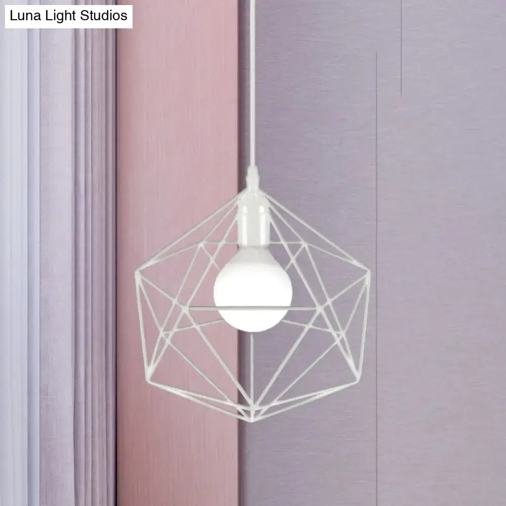 DecorBites™ geometric metal pendant light in black white with white wireframe and frosted bulb for industrial living rooms
