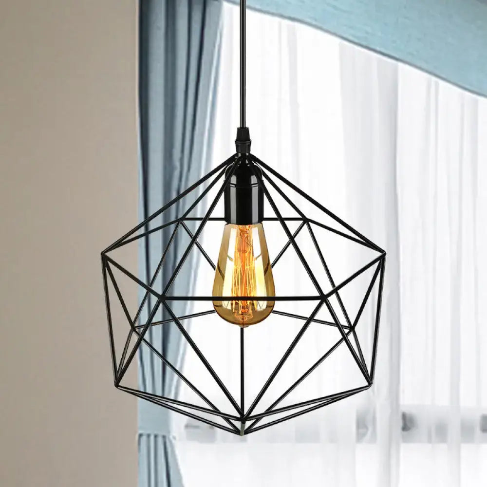 DecorBites geometric metal pendant light in black with warm filament bulb for industrial living room decor
