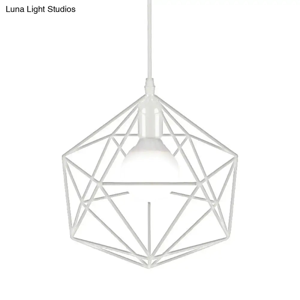 Decorbites™ geometric metal pendant light in white with minimalist wireframe design for industrial living room use