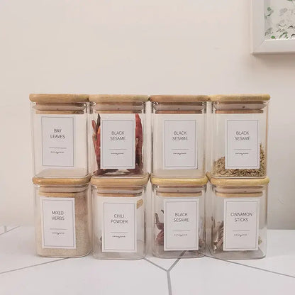 Minimalist glass jar with bamboo lid and white labels by decorbites glass jar ideal for kitchen storage and organization