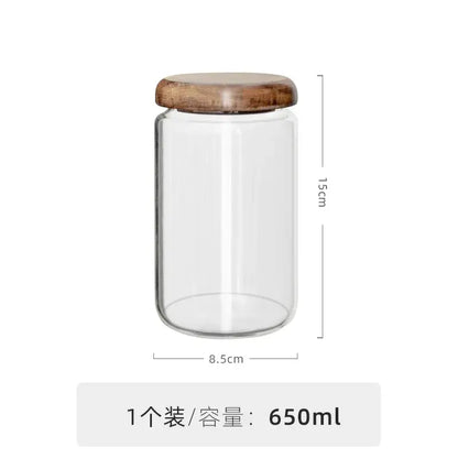 Minimalist glass spice jar with acacia wood lid clear glass 15cm tall 8.5cm wide 650ml kitchen storage jar