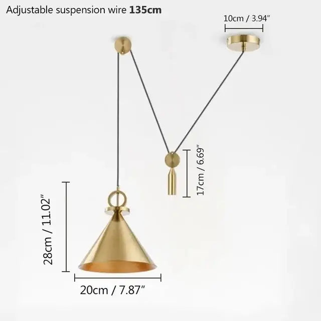 Gold-colored brass cone-shaped pendant light with adjustable suspension wire for decorbites adjustable linear pendant lights