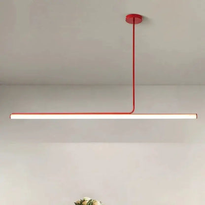 Red minimalist metal pendant light with sleek horizontal bar and bright white illumination for dining room cord pendant installation