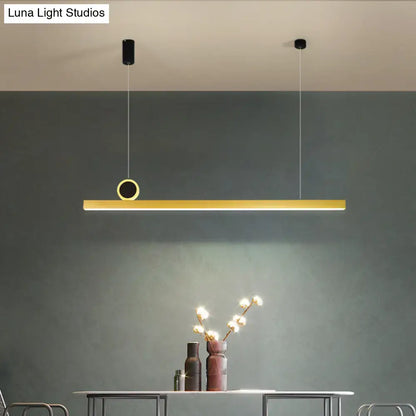 Modern gold-toned linear pendant ceiling light with circular accent featuring gear color temperature for stylish minimalism