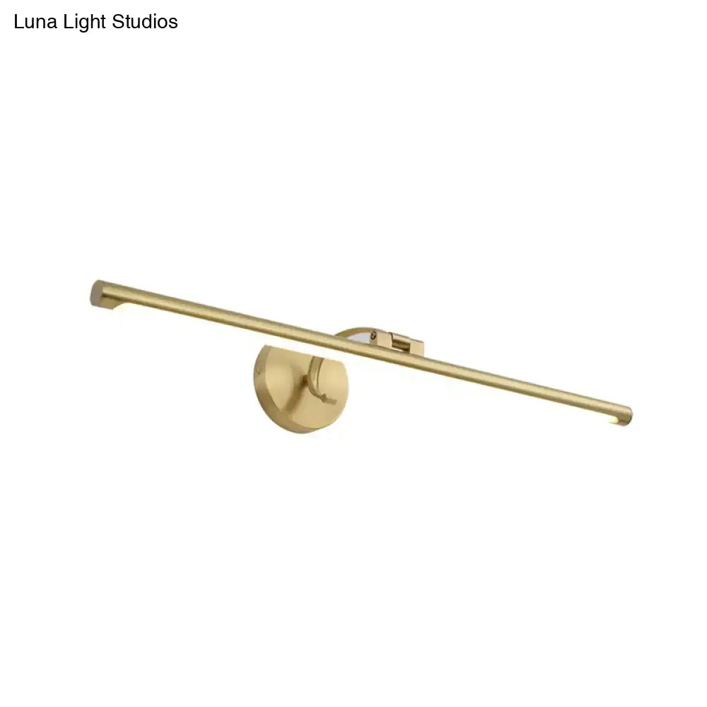 Minimalist gold brass led sconce bathroom vanity light with a sleek elongated bar design and circular wall-mounted base