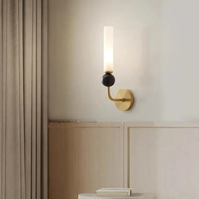Minimalist gold copper wine corridor wall lamp with black spherical accent and frosted glass shade for bedroom decorbites copper wine