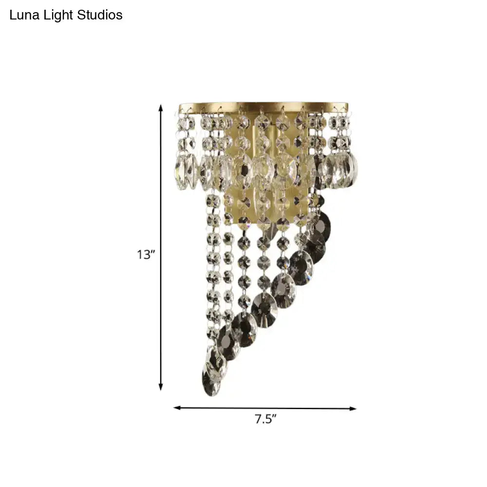 Minimalist gold crystal bead corridor sconce with e12 bulb base featuring clear and dark gray faceted crystals
